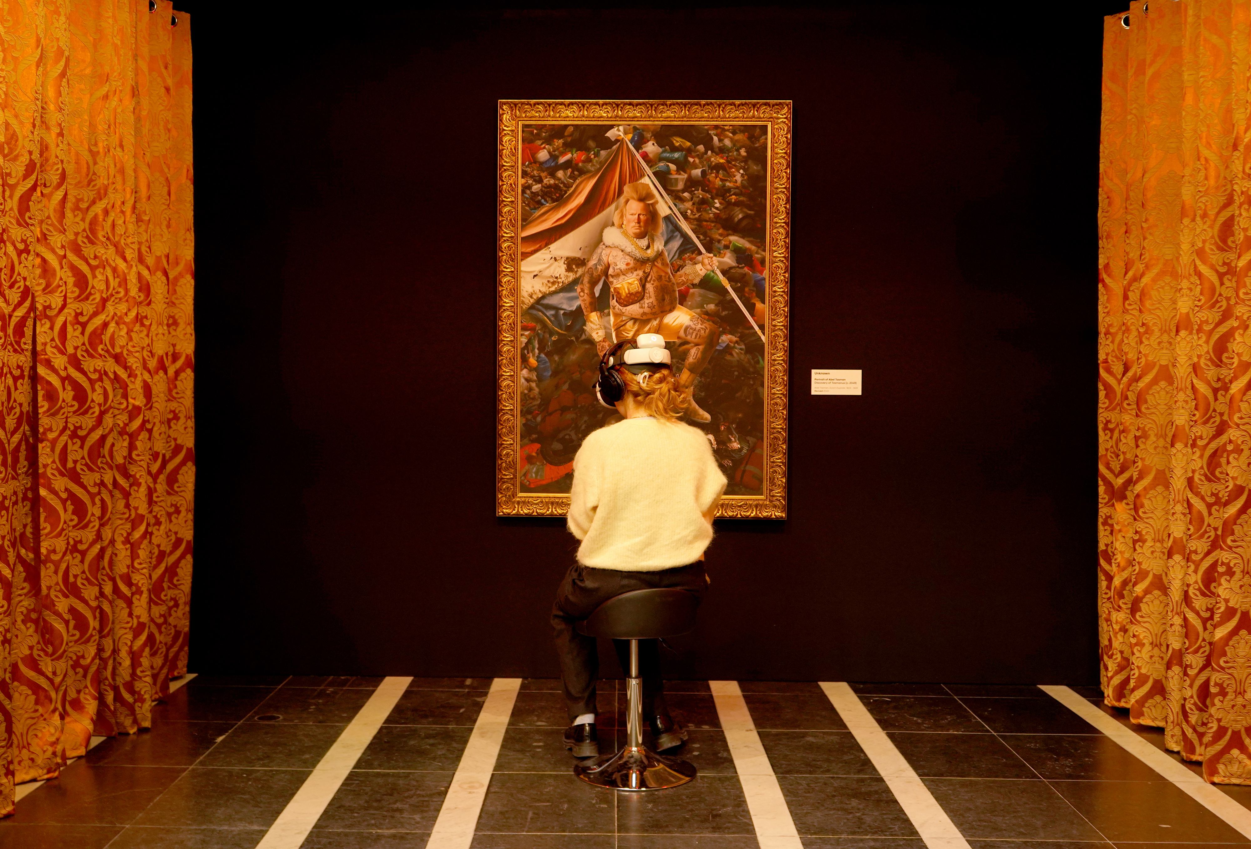 VR still of Abel Tasman figure reimagined in surreal digital museum environment