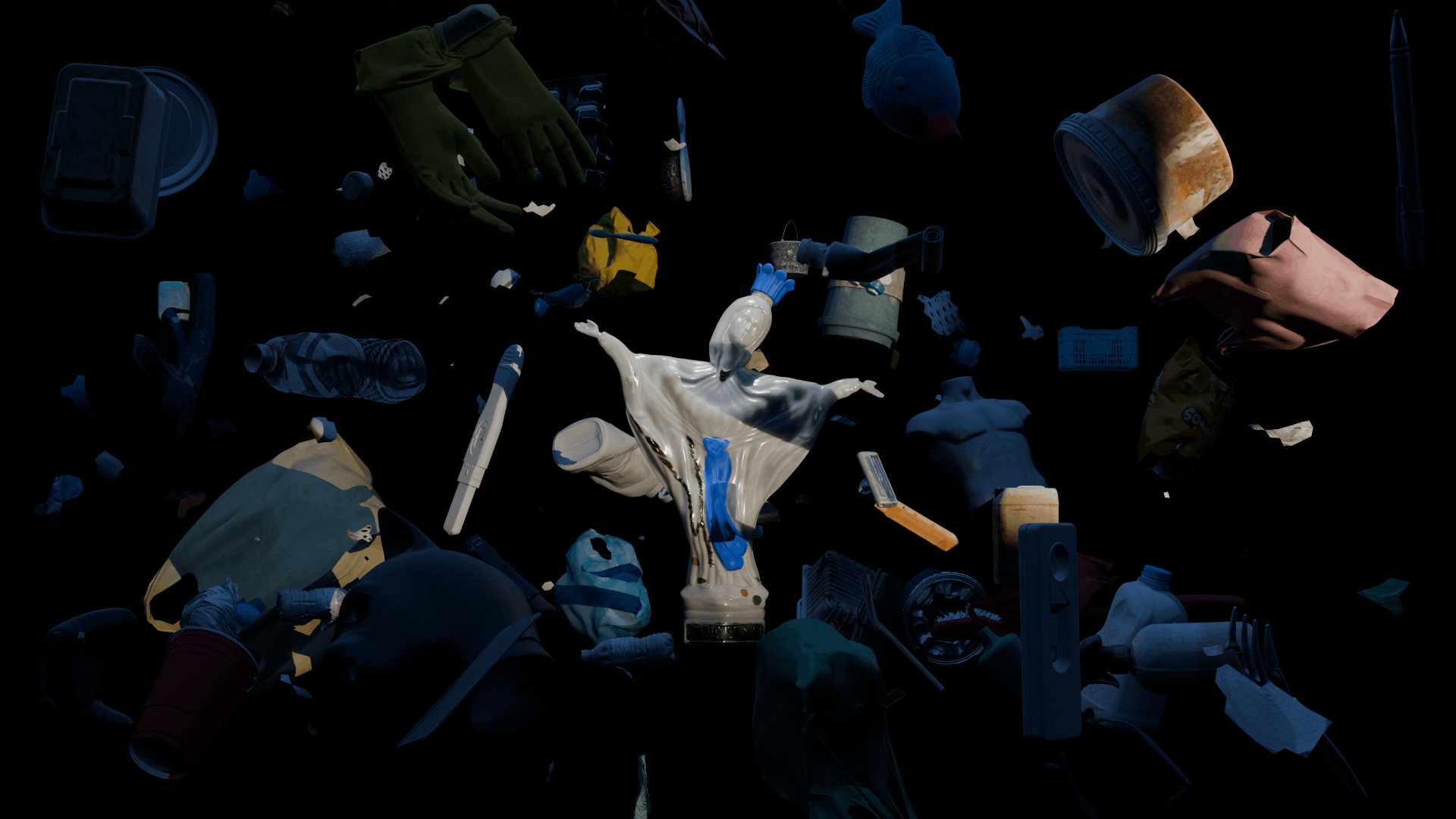 VR still of Abel Tasman figure reimagined in surreal digital museum environment