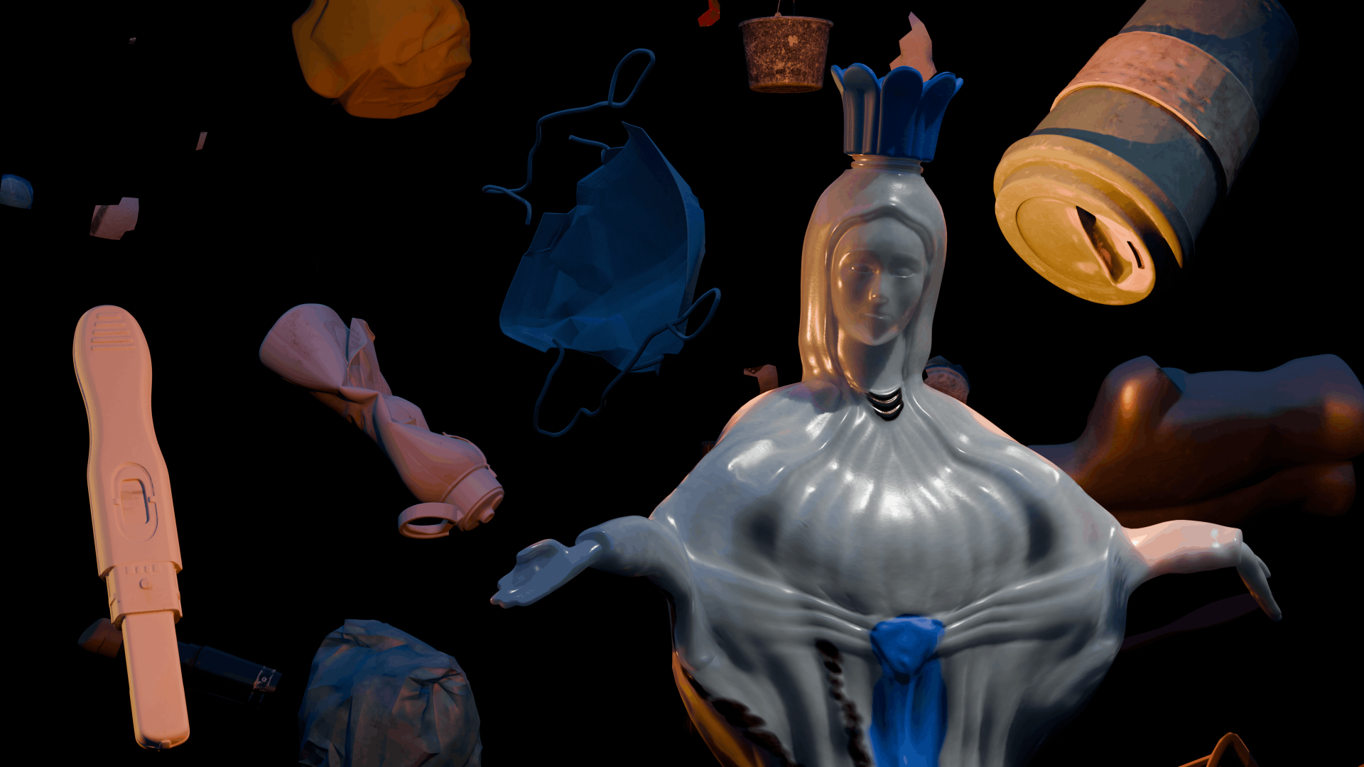 VR still of Abel Tasman figure reimagined in surreal digital museum environment