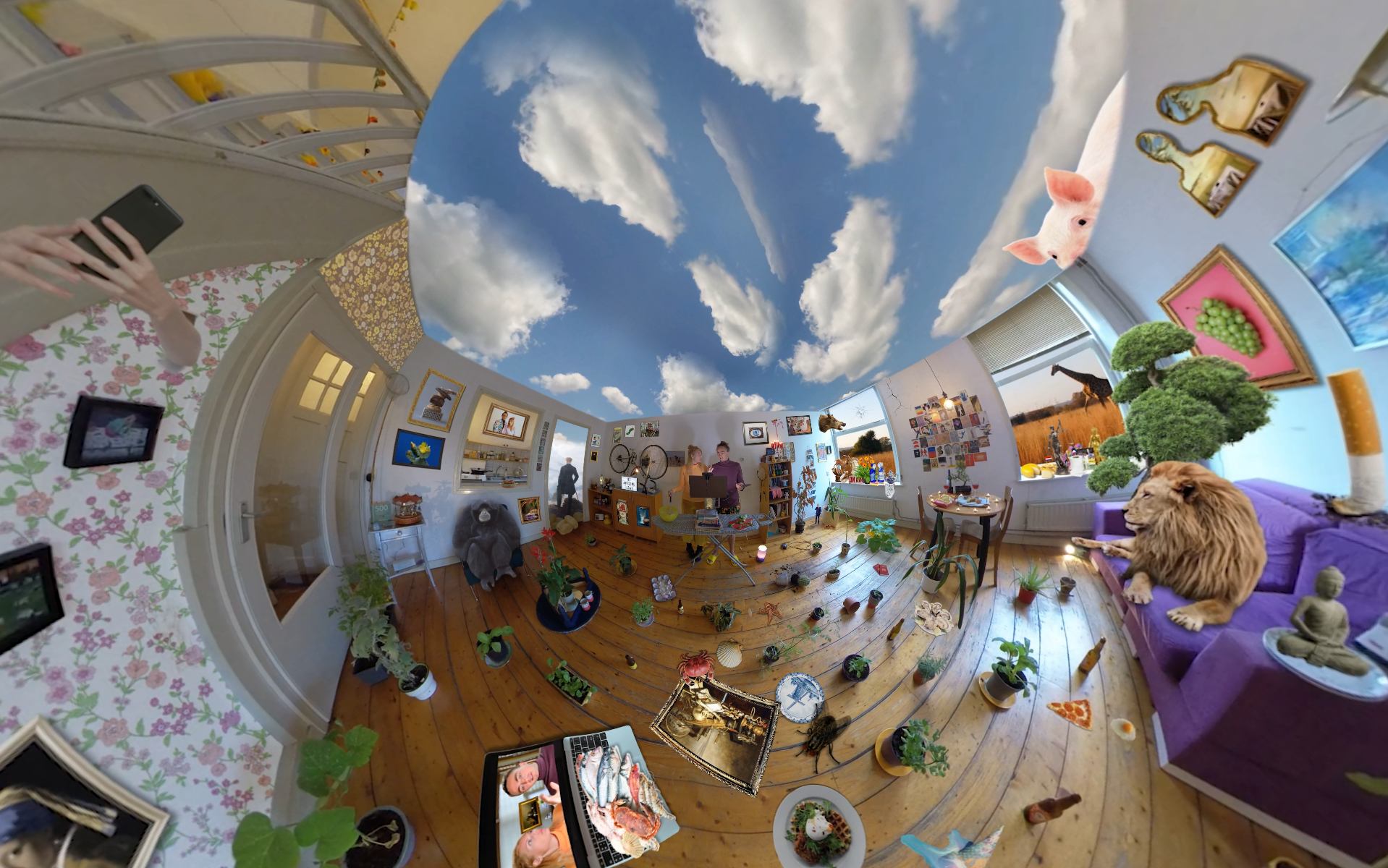 360-degree video still of domestic space with surreal object arrangements